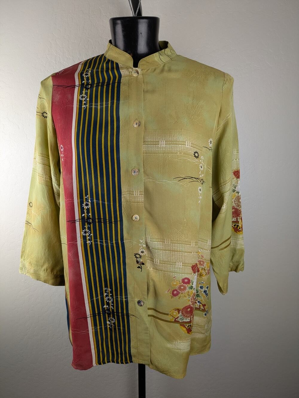 Citron Santa Monica Silk Long Sleeve Tunic Top Asian Floral Print Stripe